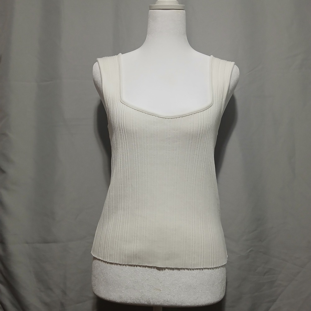 Vince Ribbed Knit Tank Top Off White Square Neck Sleeveless Cotton Blend Large
